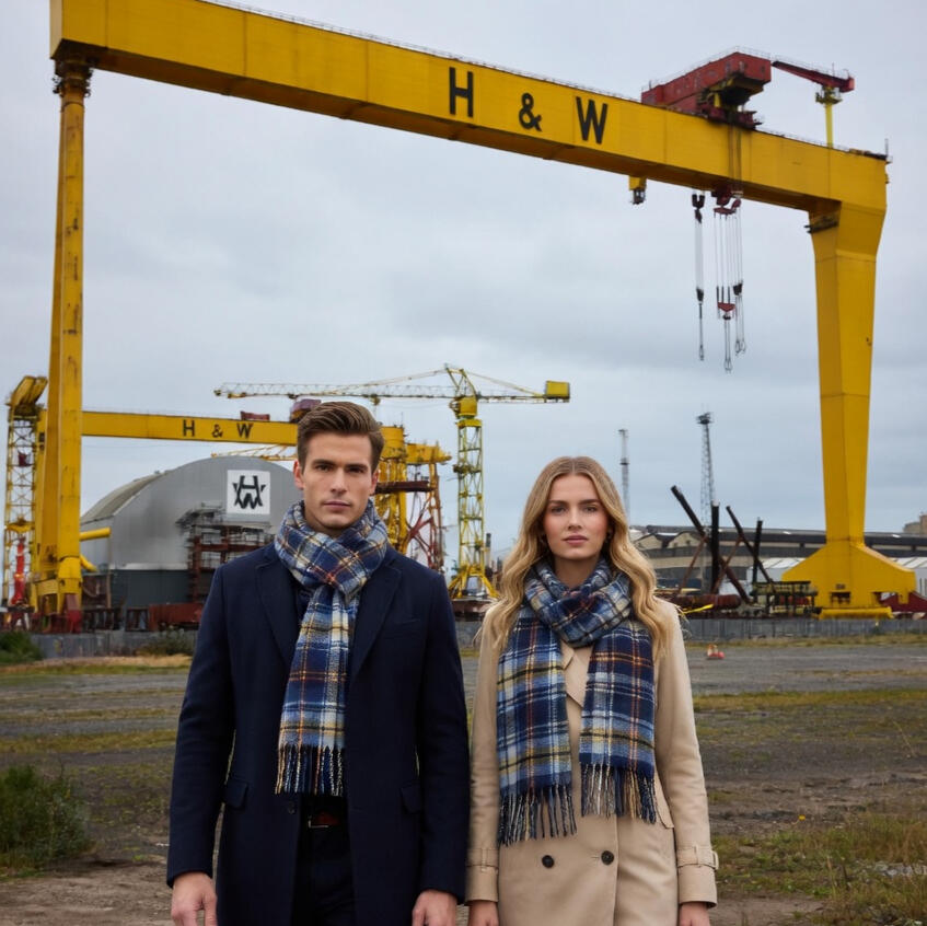 Belfast Tartan Scarves Belfast Tartan scarves in the shadow their inspiration, Samson and Goliath.